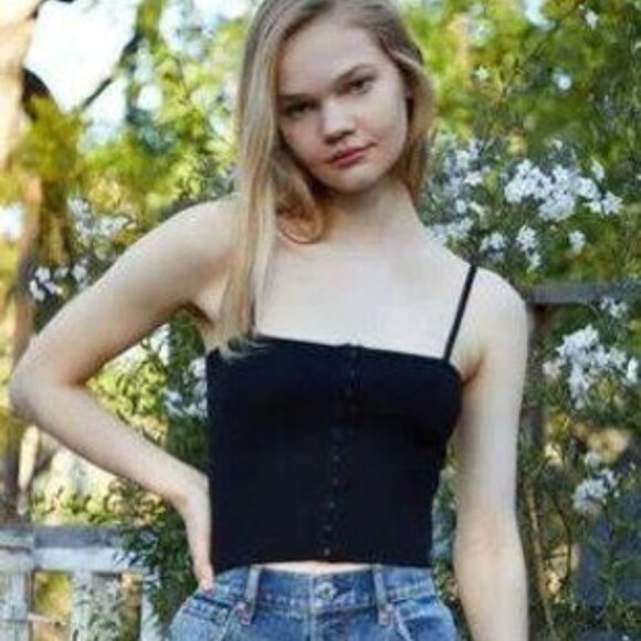 Kendall & Kylie Black Ribbed Crop Top with Hook-and-Eye Front Closure, Size XS - Picture 1 of 6